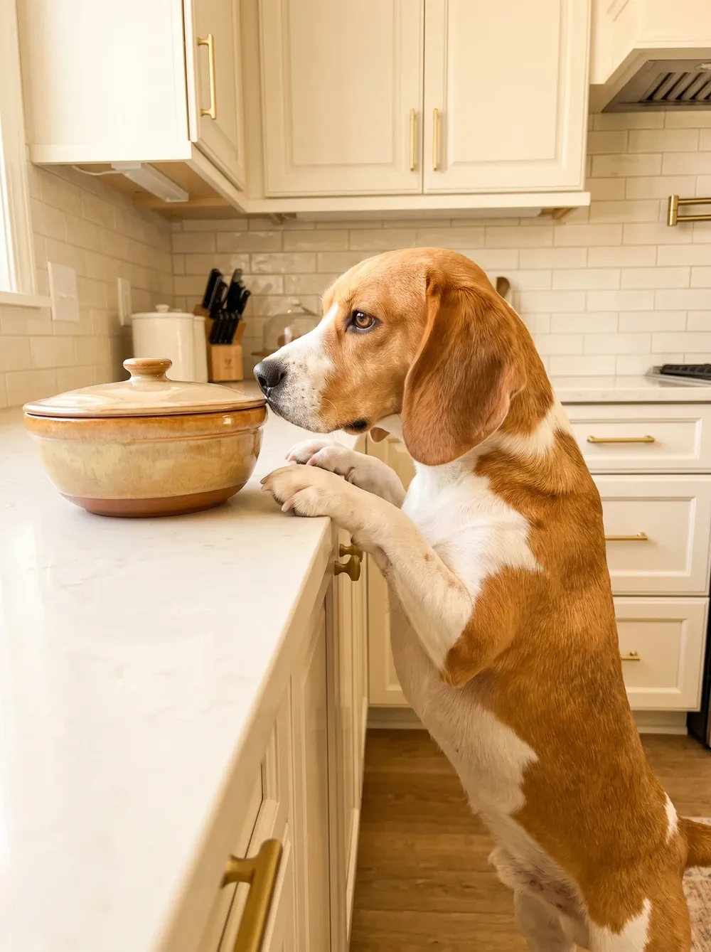 Beagle, a red and white adult up on the kitchen counter, nose stretched towards a covered bowl