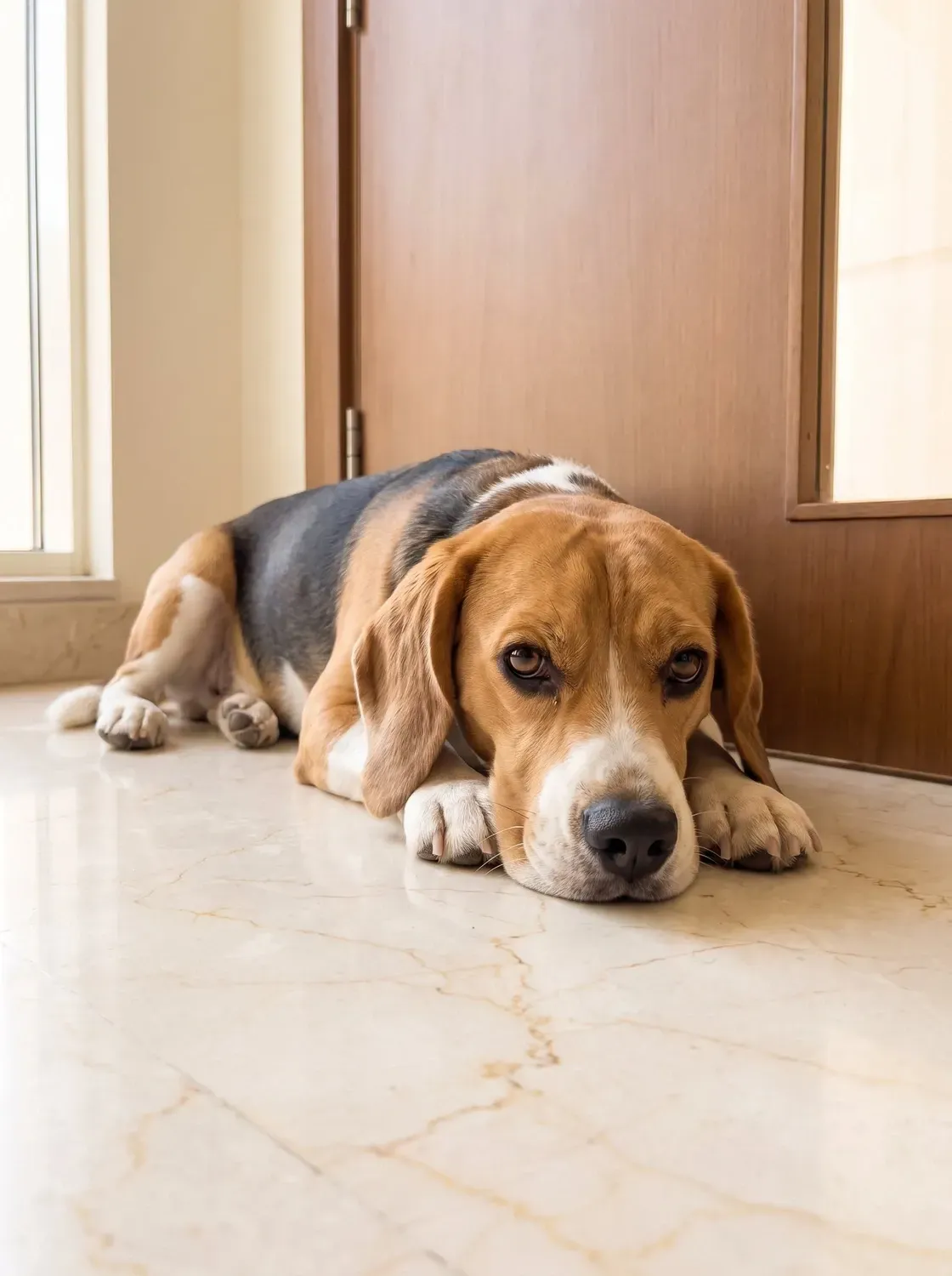 Beagle, a tricolour adult lying by a flat's front door on a marble floor, chin on paws, waiting