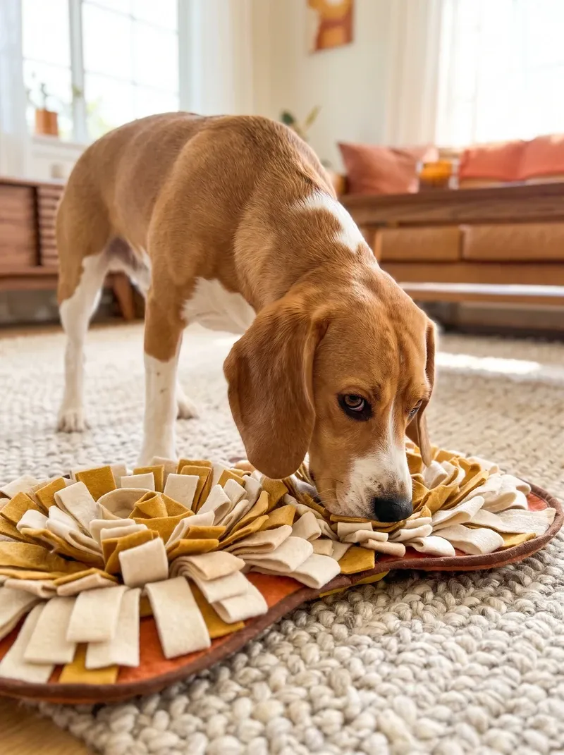 Beagle, a tan and white adult nose down in a snuffle mat on a woven rug