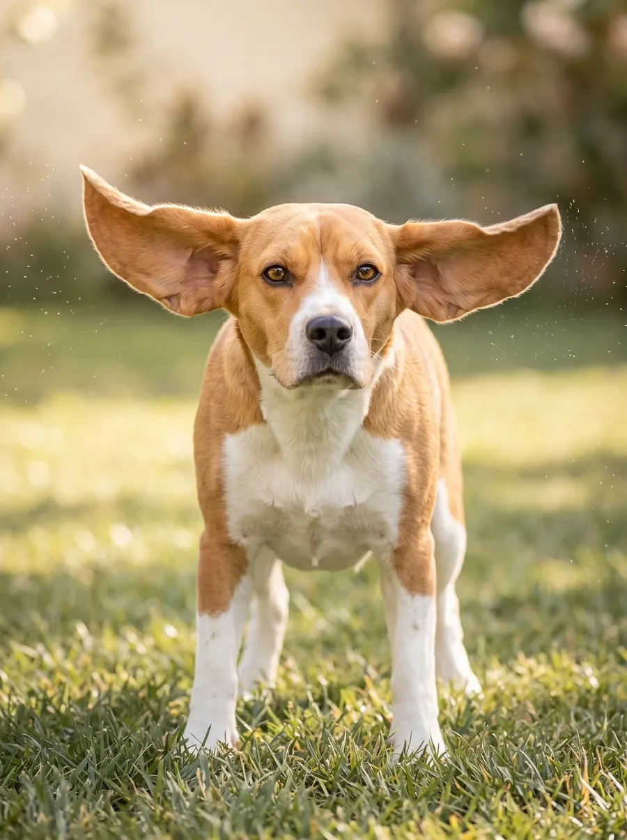 Beagle, a red and white adult mid head shake on a lawn, long ears flying