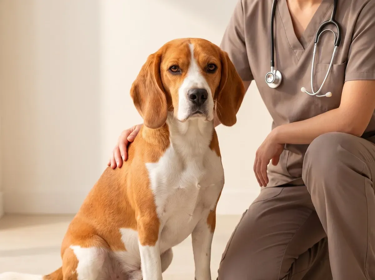 Beagle, a red and white adult sitting as a vet in taupe scrubs kneels alongside, a hand on the dog's back