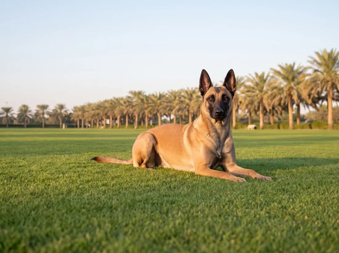 Belgian Malinois in Dubai, lying with head up on a park lawn lined with date palms