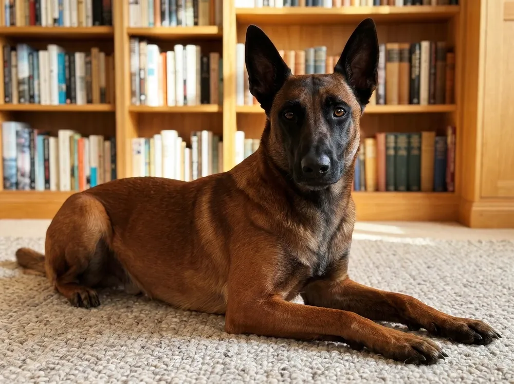 Belgian Malinois, deep mahogany, lying on a stone-coloured rug by timber bookshelves