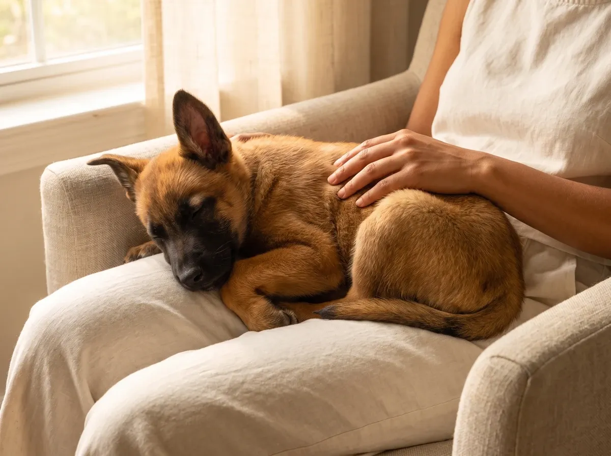 Belgian Malinois, a puppy asleep in a pet parent's lap in a linen armchair