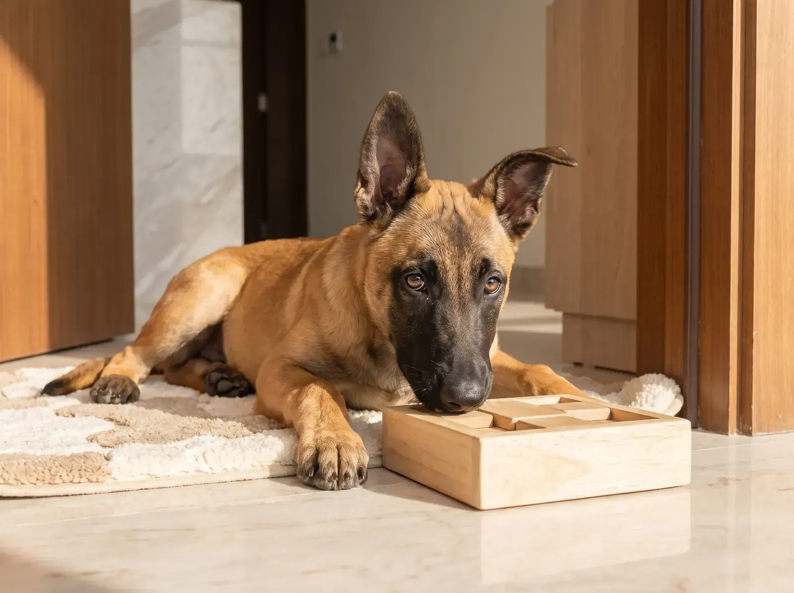 Belgian Malinois, a puppy nosing a timber puzzle feeder on a mat just inside the front door