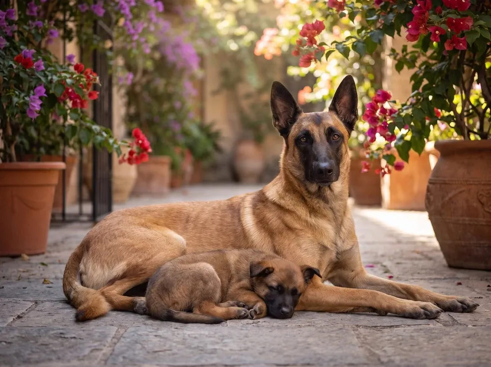 Belgian Malinois, a mother lying beside a sleeping puppy in a villa courtyard with bougainvillea