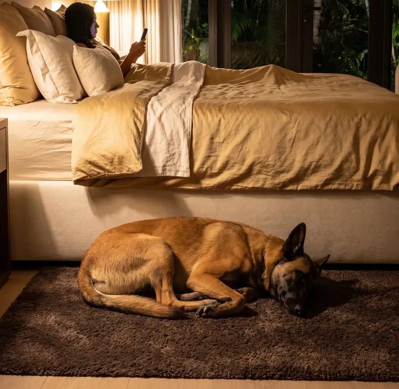 Belgian Malinois in Dubai, asleep on a dark rug by the bed in a villa at night, glass doors onto a palm garden