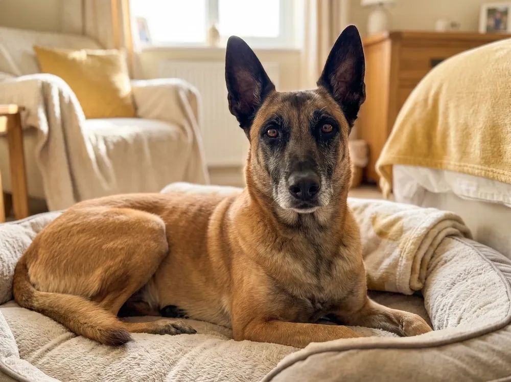 Belgian Malinois, older, with a greying muzzle, resting on an orthopaedic bed, eyes bright