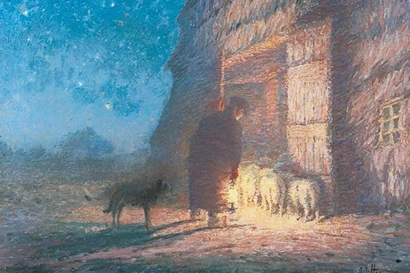 Belgian Malinois history, a painting of a shepherd and dog bringing the flock in at night, Belgium, before 1921
