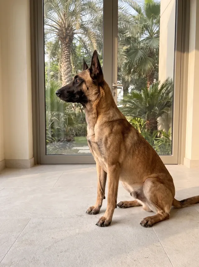 Belgian Malinois in Dubai, sitting on cool stone tiles in a villa, glass doors onto a palm garden