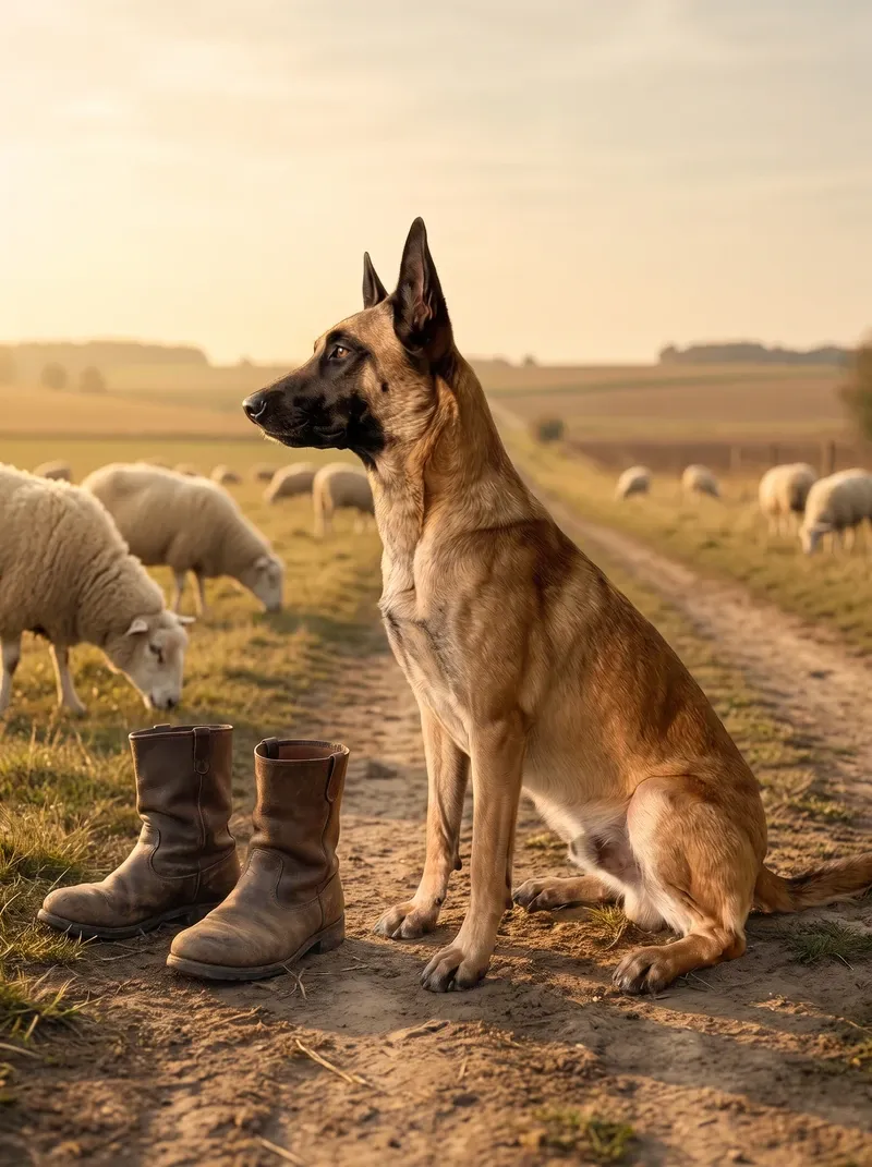 Belgian Malinois, sitting beside a shepherd's boots on a Belgian pasture with sheep
