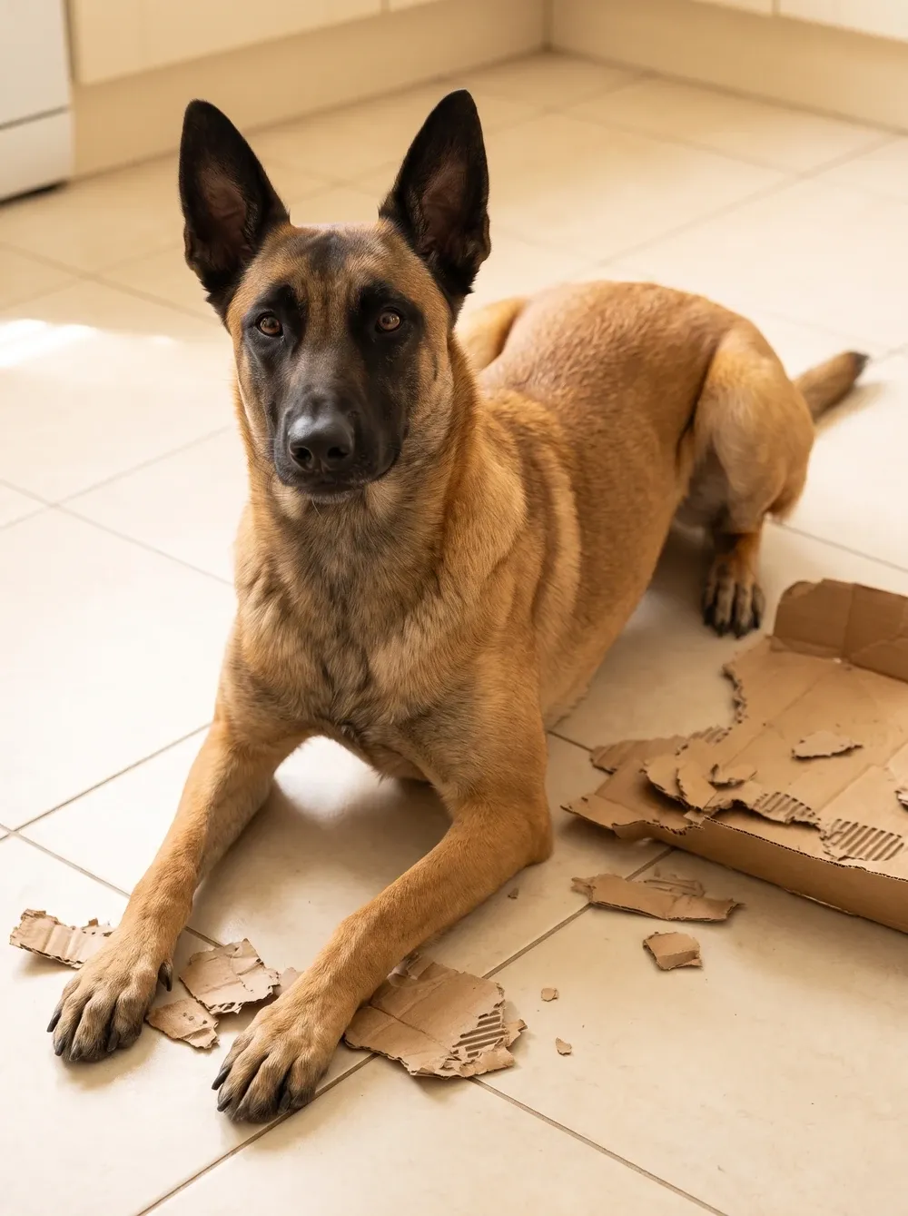 Belgian Malinois, lying beside a chewed cardboard box on a cool kitchen floor
