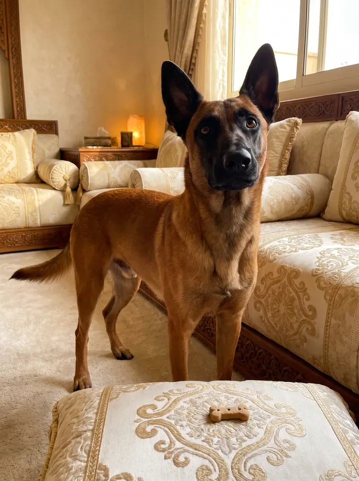 Belgian Malinois in Dubai, standing in a majlis-style family room, a biscuit found on the floor cushion