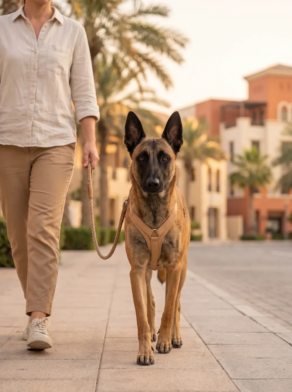 Belgian Malinois in Dubai, walking on a loose lead beside their pet parent on a palm-lined street