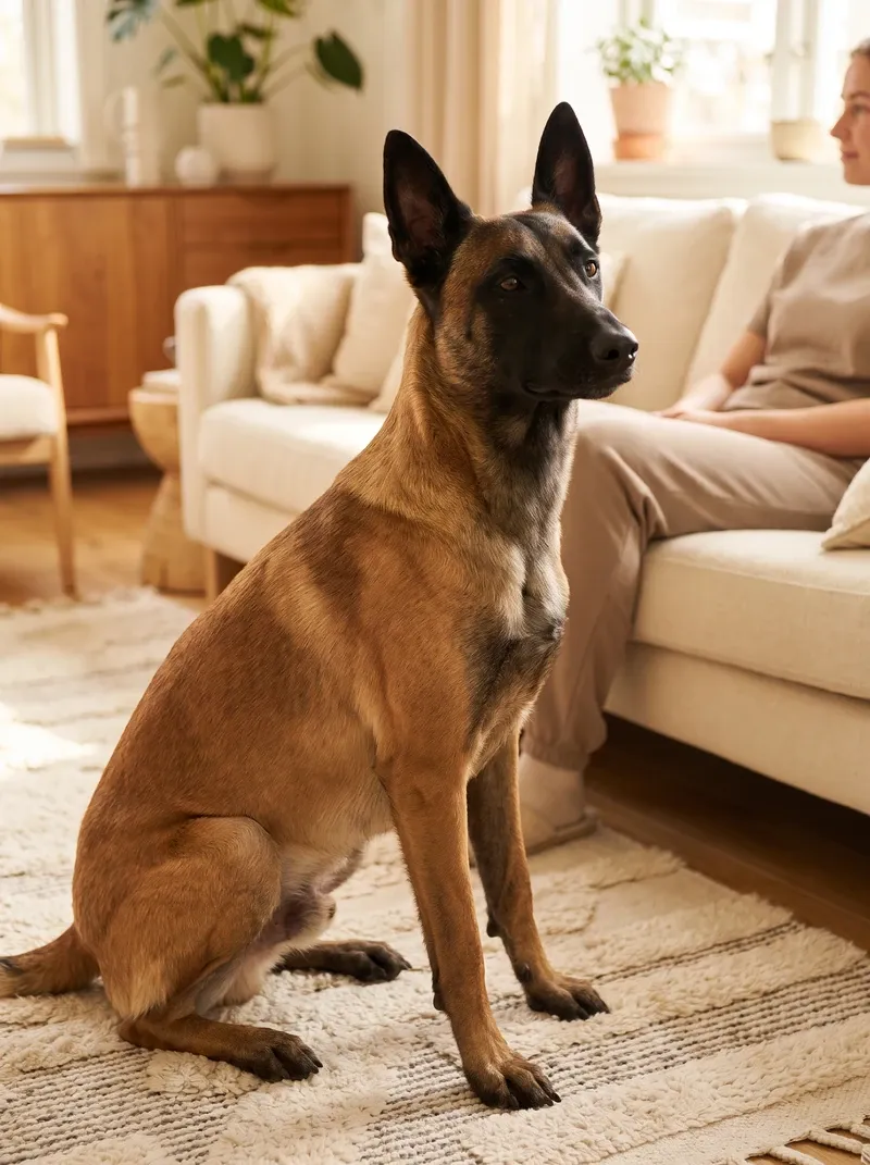 Belgian Malinois, sitting calmly on a rug while a guest relaxes on a cream sofa behind