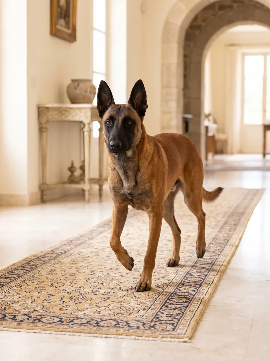 Belgian Malinois, trotting along a long rug in a bright marble villa hallway