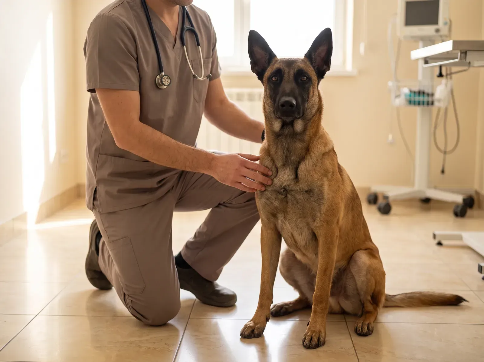 Belgian Malinois, sitting on a consulting room floor beside a vet in taupe scrubs, a hand on their chest