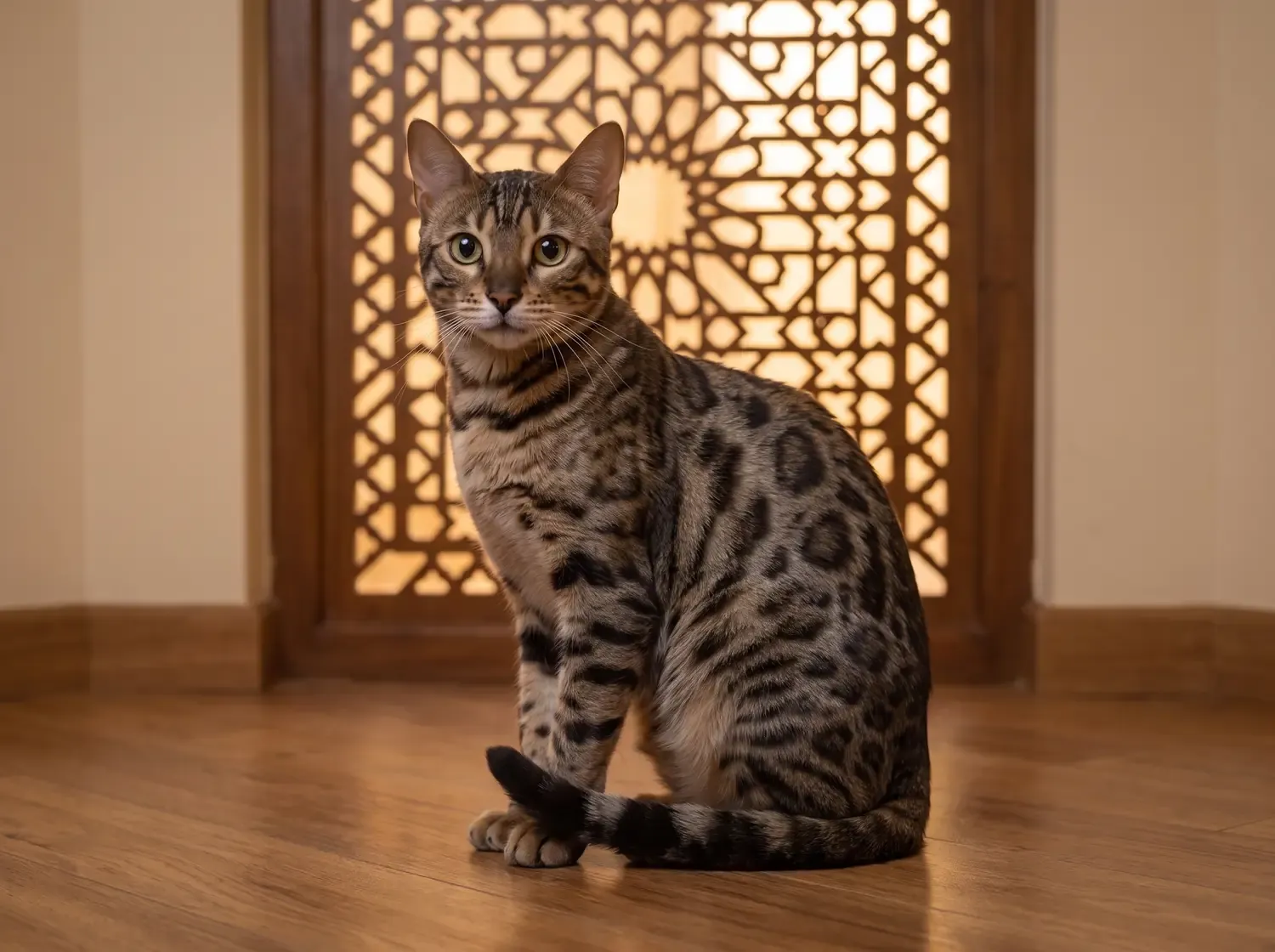 Bengal in Dubai, a young charcoal spotted cat sitting in front of a carved mashrabiya screen