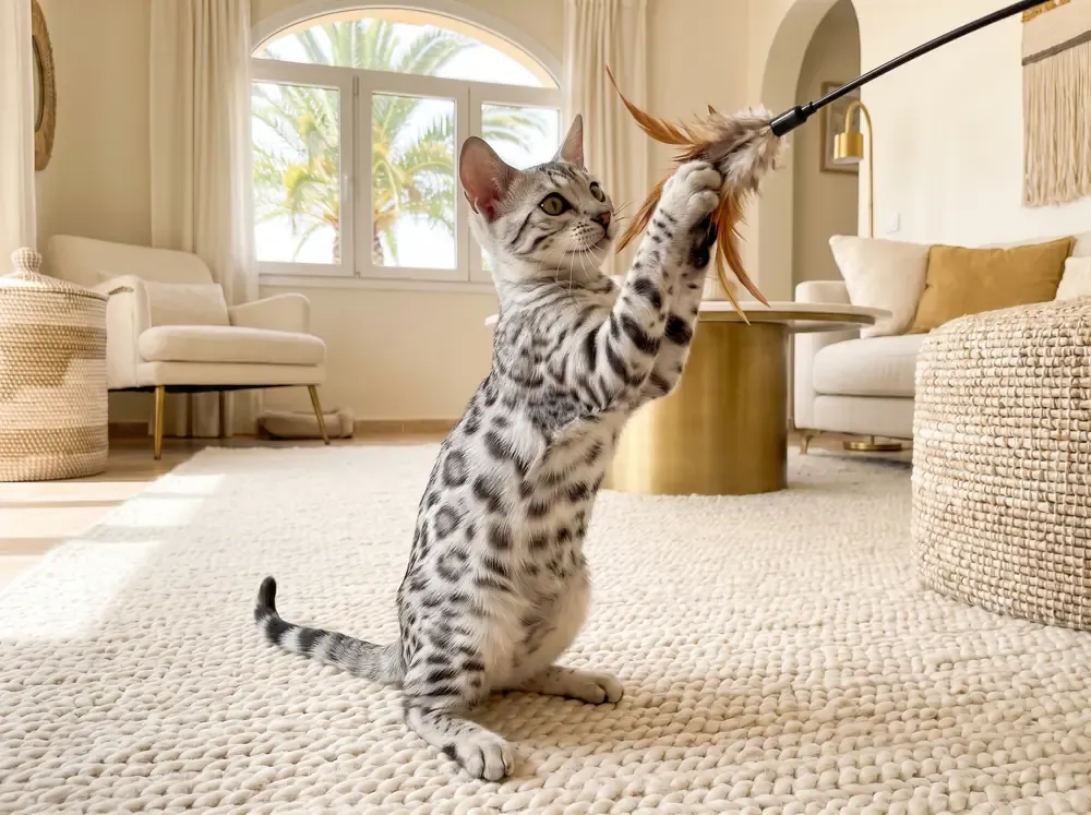 Bengal in Dubai, a silver spotted kitten batting a feather wand toy on a cream rug, palms outside