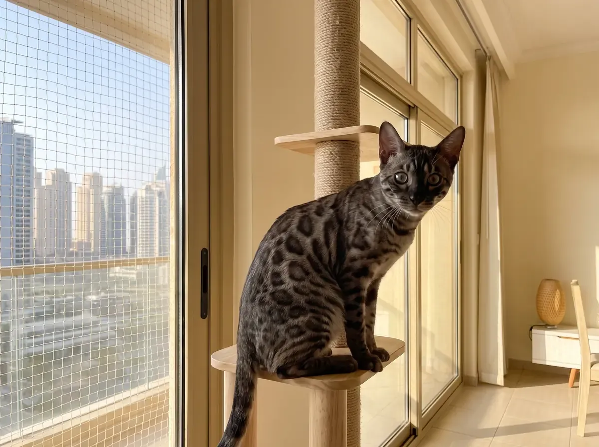 Bengal in Dubai, a young charcoal spotted cat on a cat tree by a netted balcony door, skyline beyond