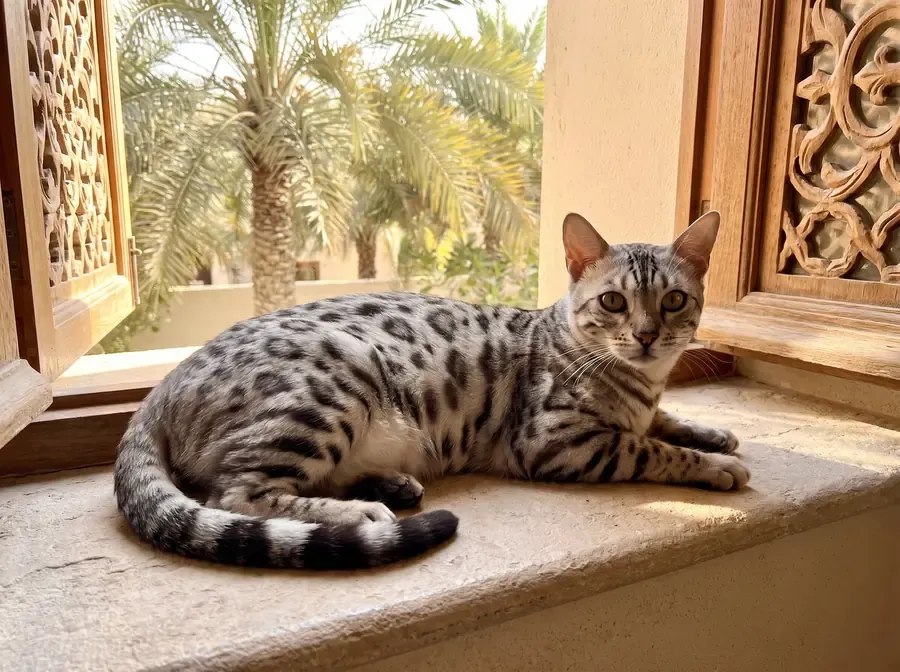 Bengal in Dubai, a silver spotted adult lying on a sunlit stone windowsill, date palms outside