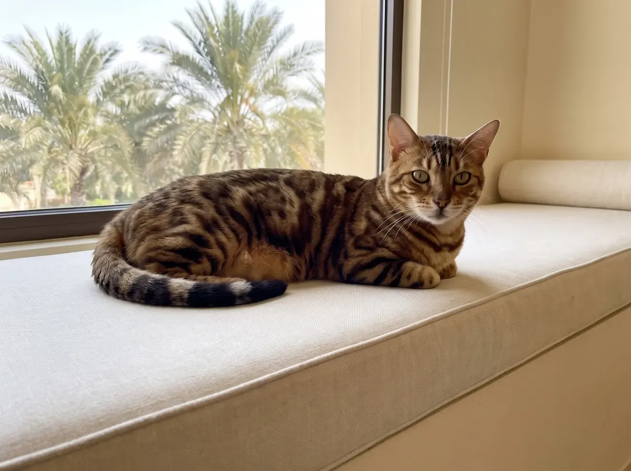 Bengal in Dubai, an older brown marbled cat resting on a window seat, date palms outside
