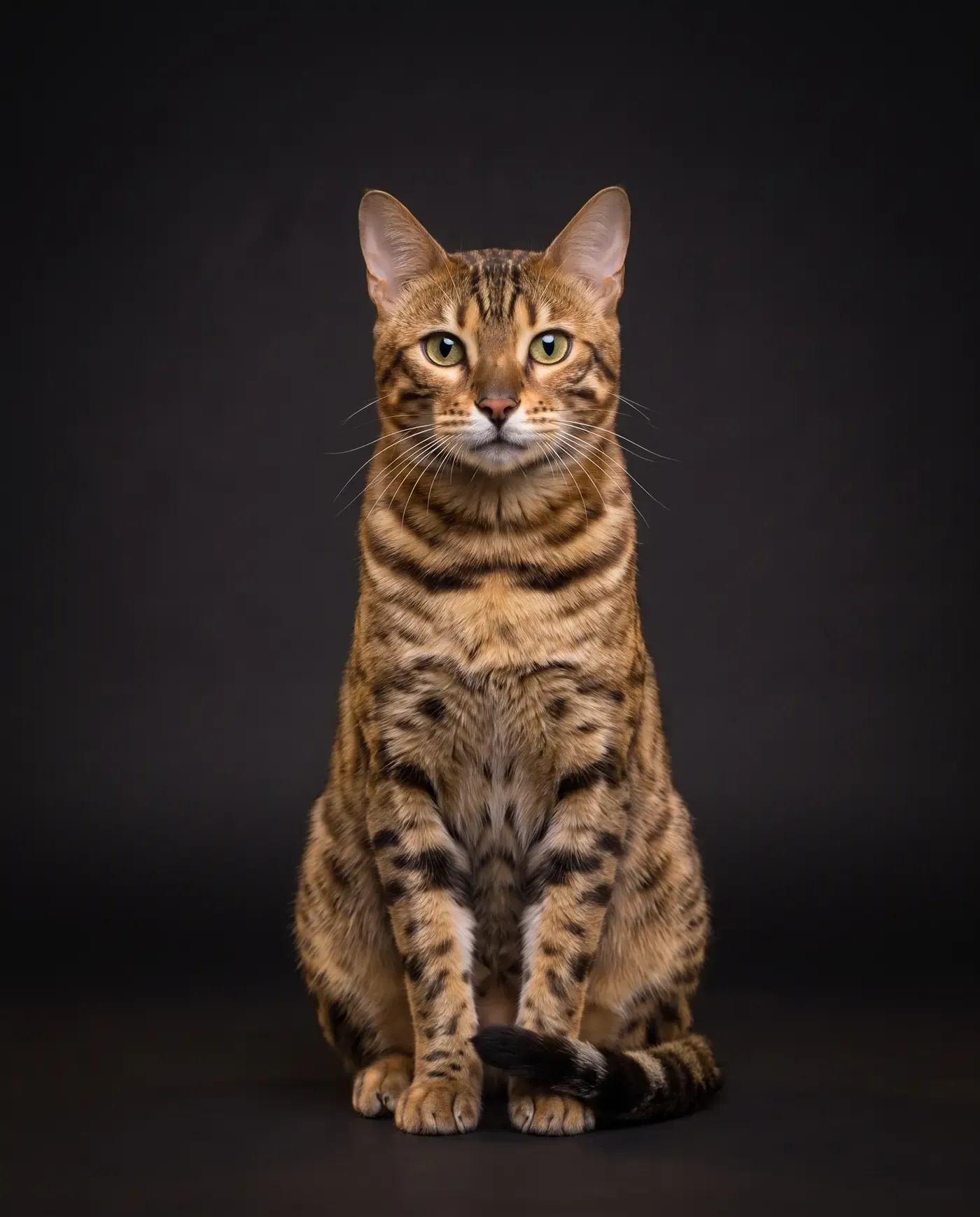Bengal in Dubai, studio portrait of a calm brown spotted adult sitting
