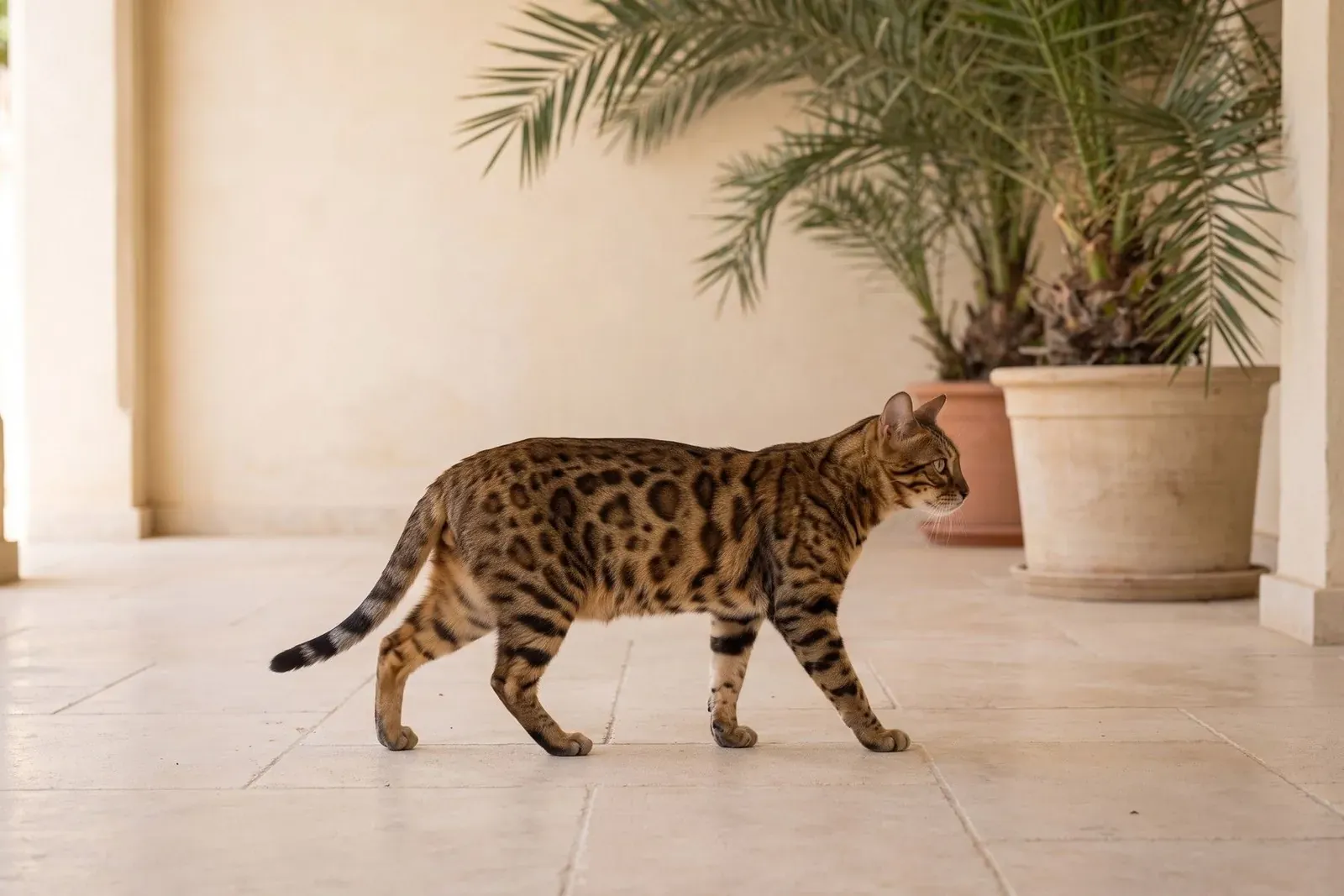 Bengal history, the breed today, a brown spotted adult on a shaded villa terrace, Dubai, 2026