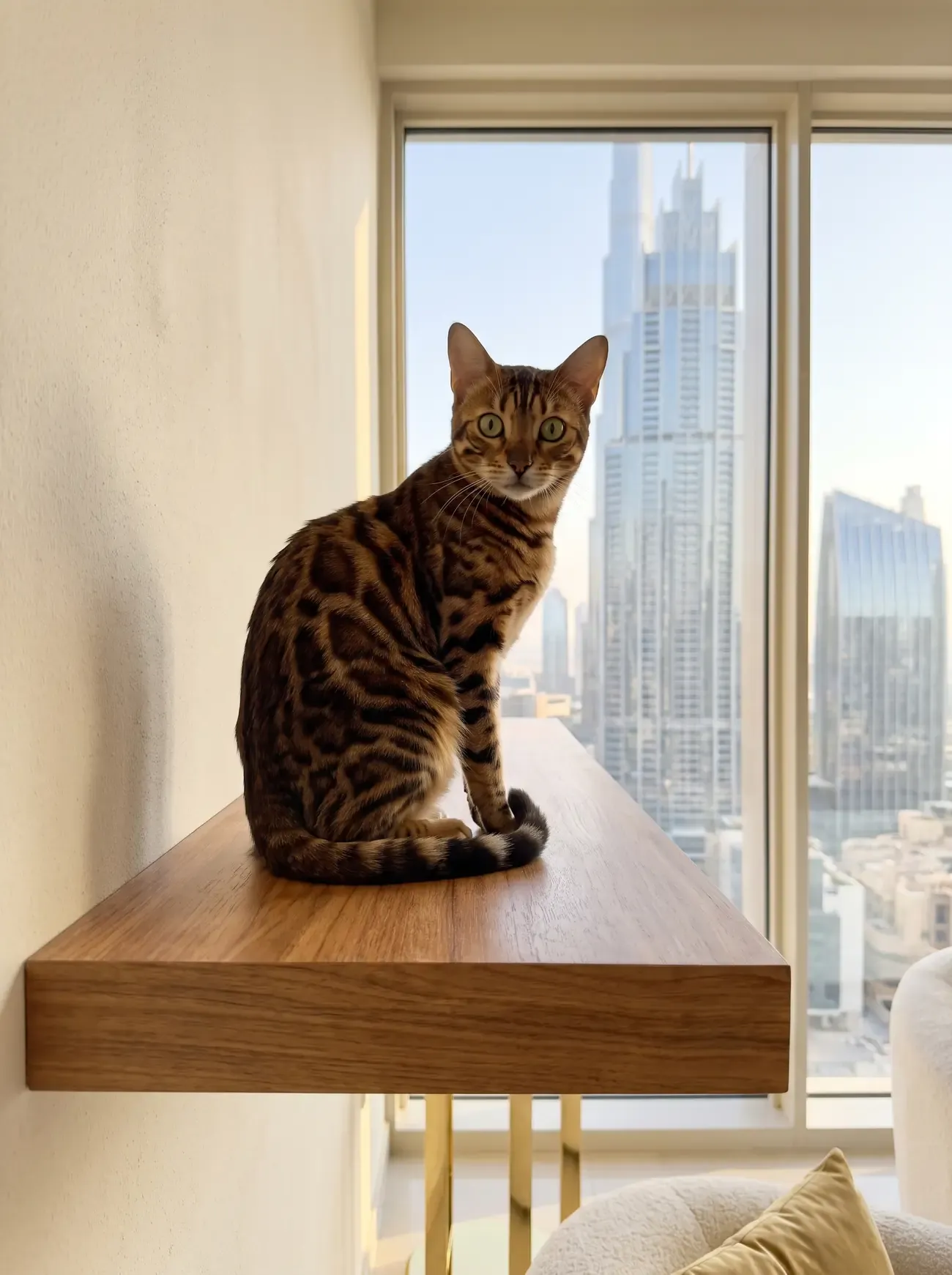 Bengal in Dubai, the same cat on a floating timber shelf, the skyline through the window behind
