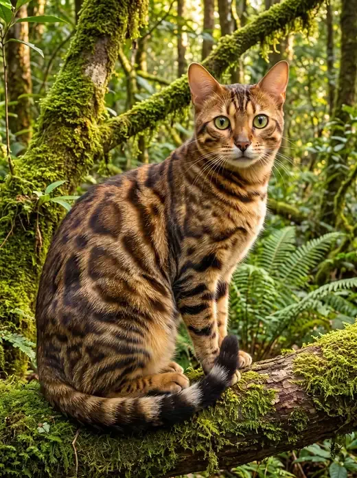 Bengal, a brown marbled adult sitting on a mossy branch in a green forest