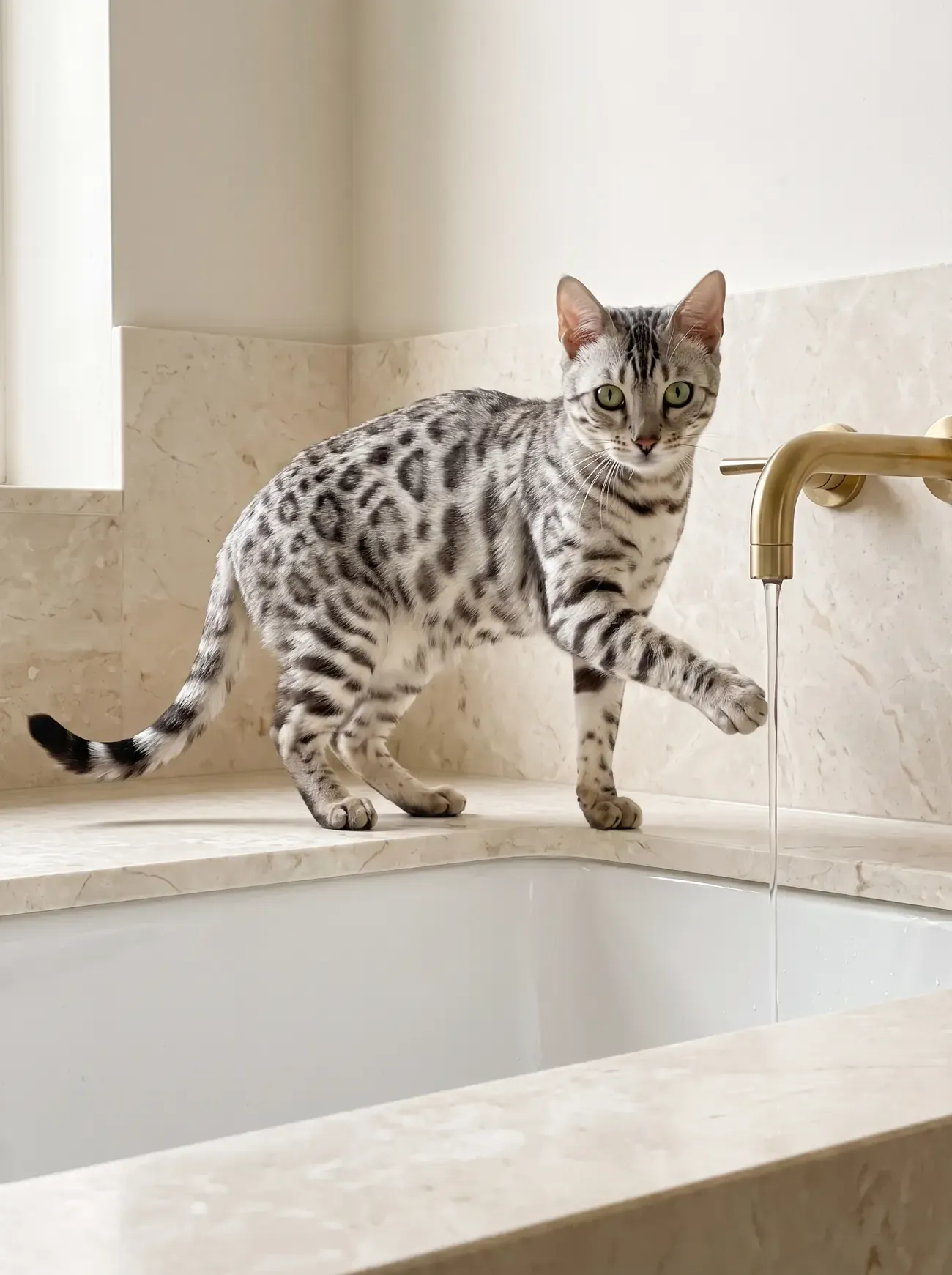 Bengal, a silver spotted adult on the edge of a bathtub, reaching a paw towards the running tap