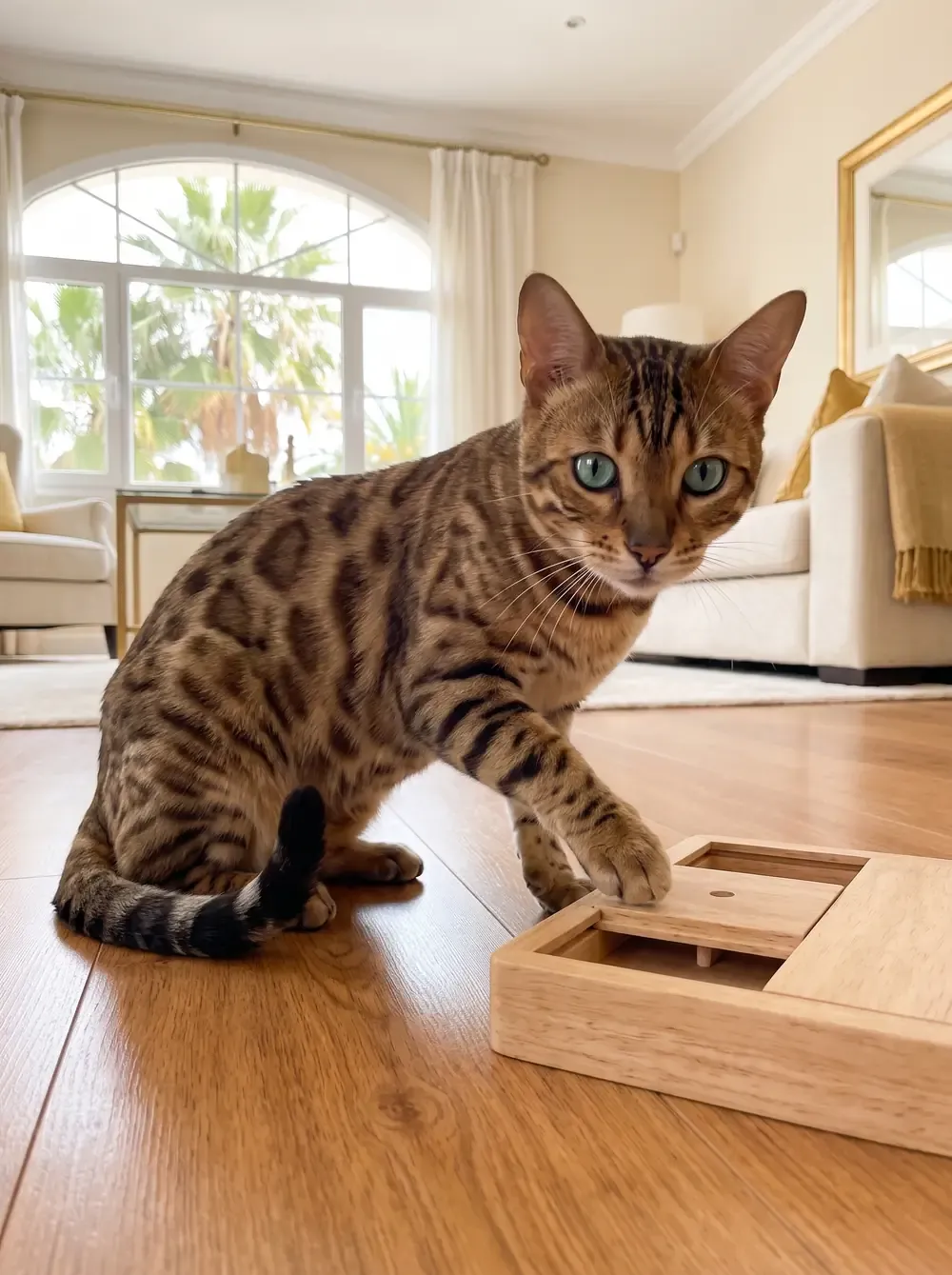 Bengal in Dubai, a brown spotted adult pawing at a wooden puzzle feeder, palms through the window