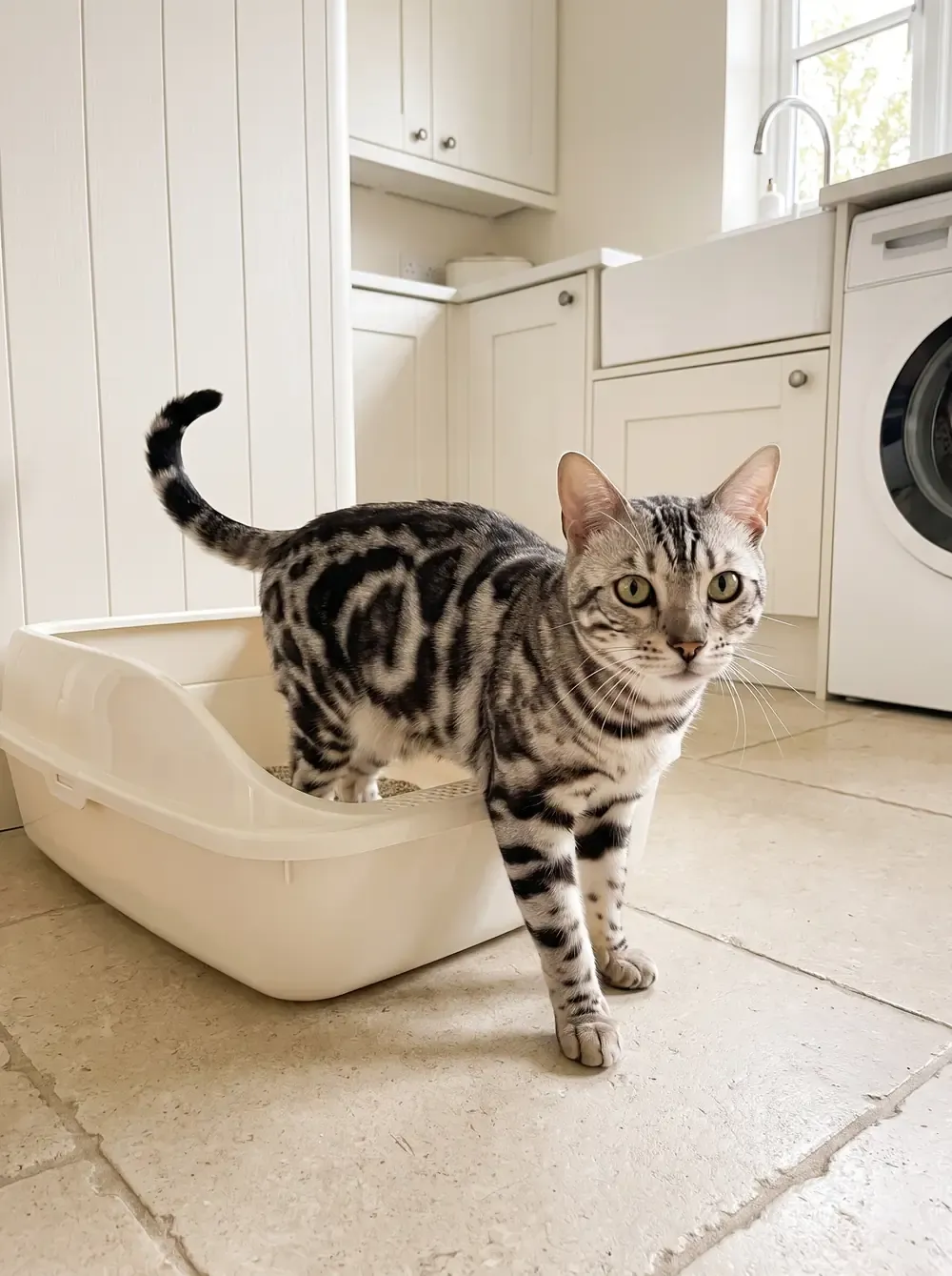 Bengal, a silver marbled adult stepping out of a clean litter tray in a tidy utility room