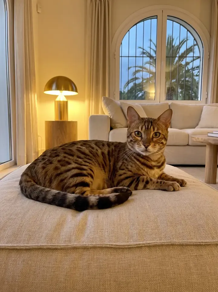 Bengal in Dubai, a brown spotted adult resting on a linen floor cushion at dusk, palms outside