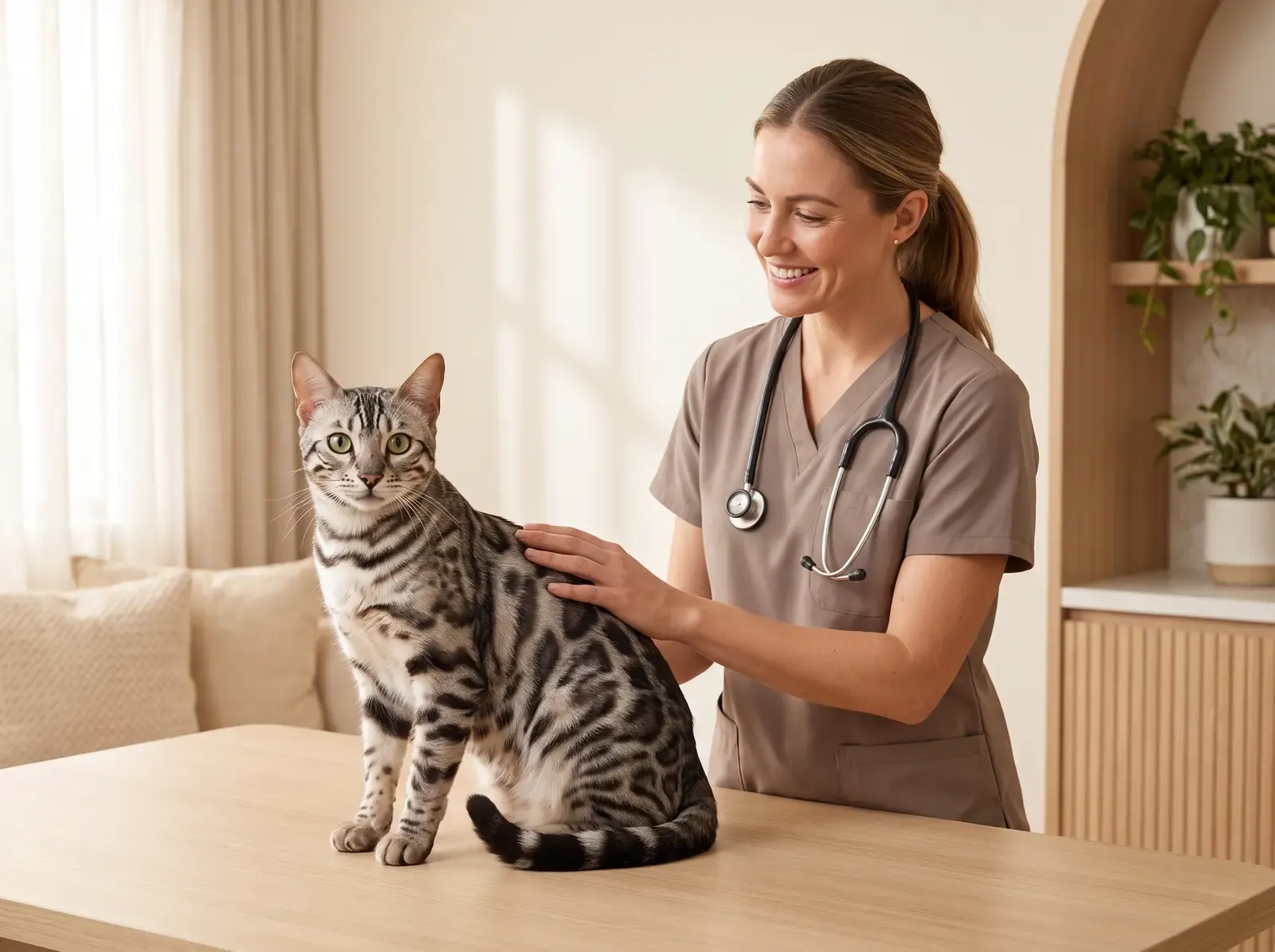Bengal, a silver marbled adult on a consultation table, a smiling vet in taupe scrubs with a hand on it