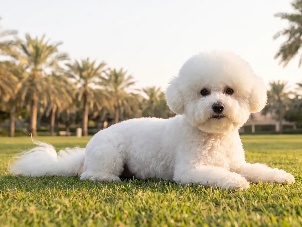 Bichon Frise in Dubai, a white adult lying on a park lawn with date palms behind in golden light