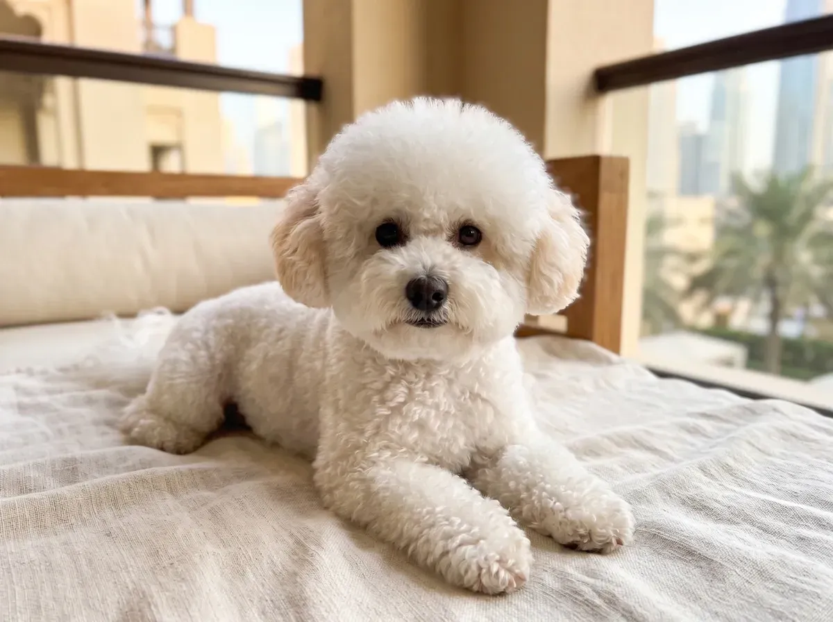 Bichon Frise in Dubai, a puppy with pale apricot ears lying on a balcony daybed, palms and towers behind