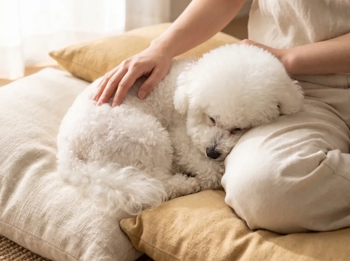 Bichon Frise, a puppy asleep in a pet parent's lap on linen floor cushions