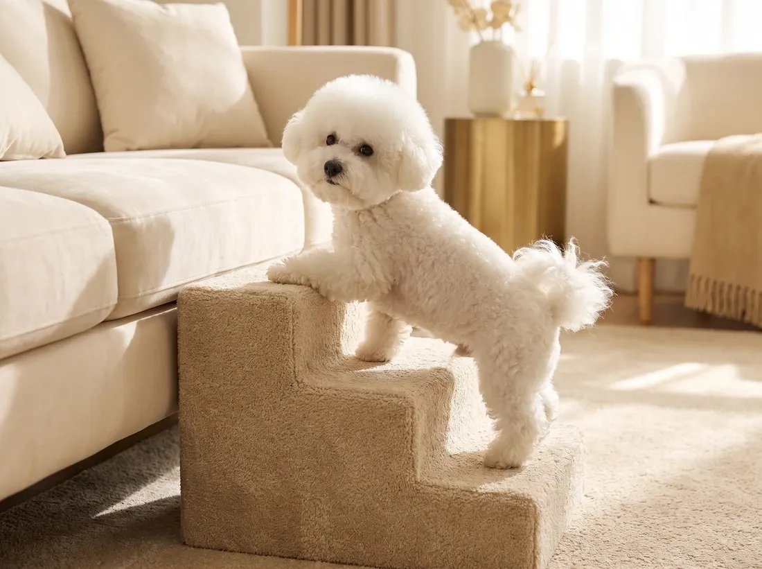 Bichon Frise, a puppy climbing small pet steps up to a cream sofa