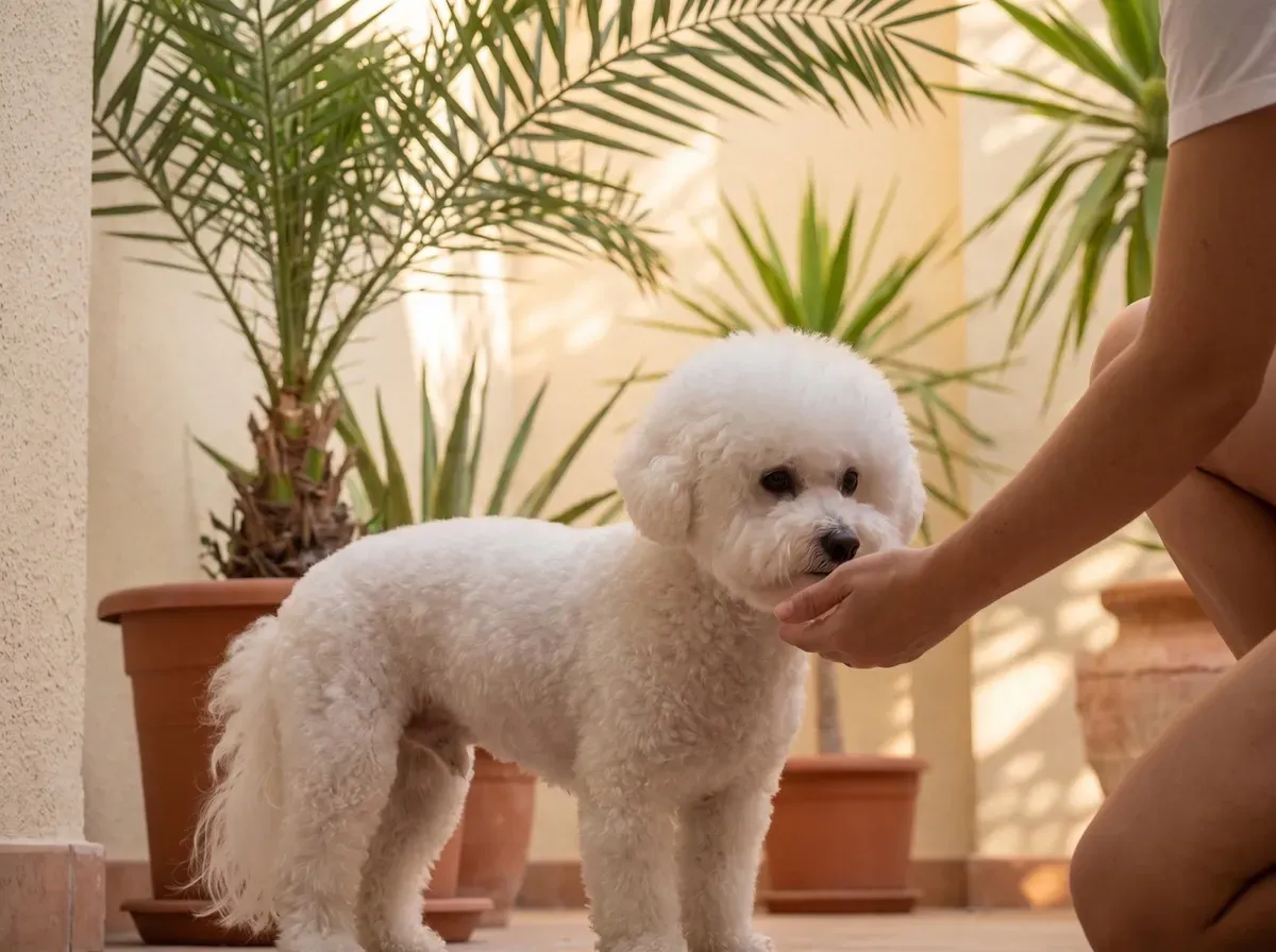 Bichon Frise, a pet parent holding a hand out to a calm adult beside potted palms