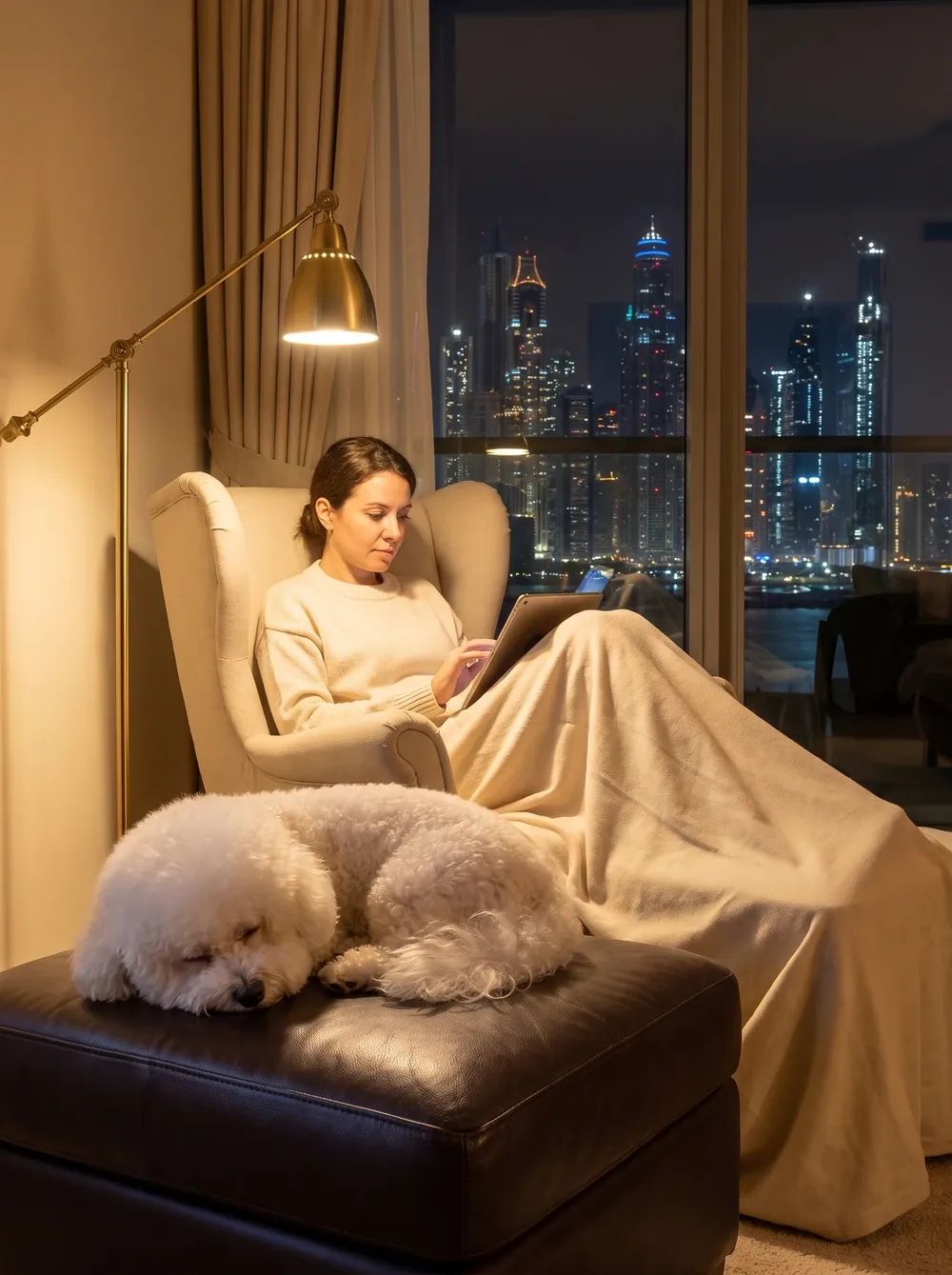Bichon Frise in Dubai, asleep on a leather footstool at night beside a pet parent reading, the skyline behind