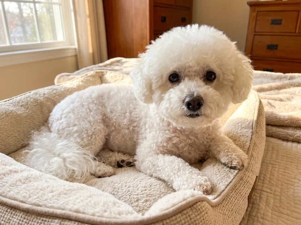 Bichon Frise, an older white dog resting on a cushioned bed in a sunny bedroom