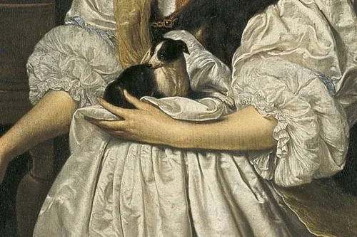 Bichon Frise history, a lady holding a small lap dog, Frans van Mieris the Elder, 1672