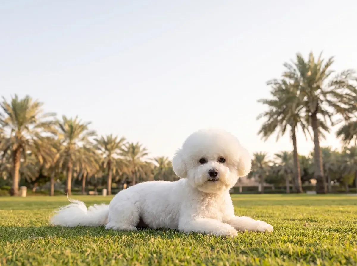 Bichon Frise history, the breed today, a white adult lying on a Dubai park lawn with date palms behind