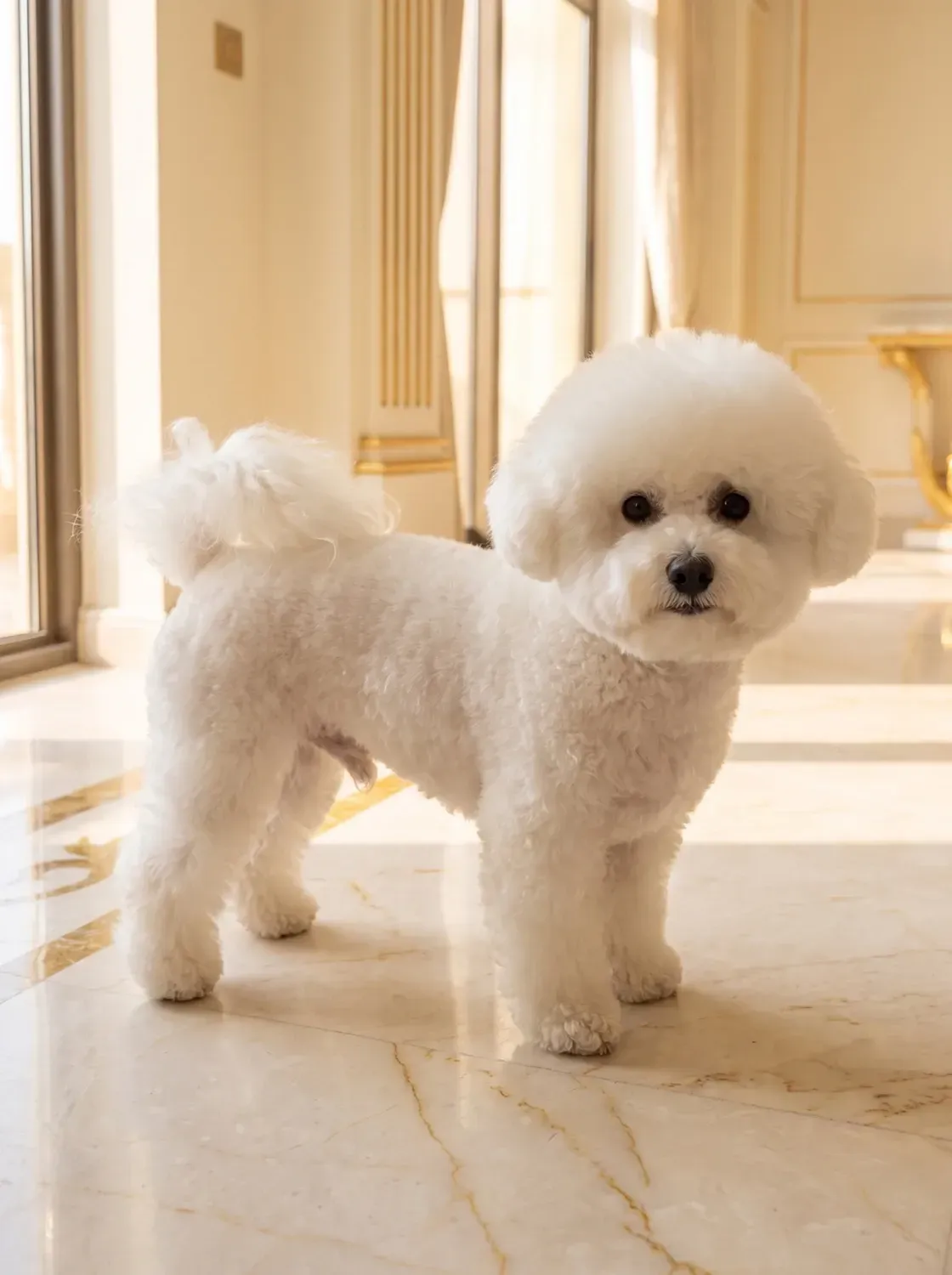 Bichon Frise, the same white adult standing on the marble floor of a bright home