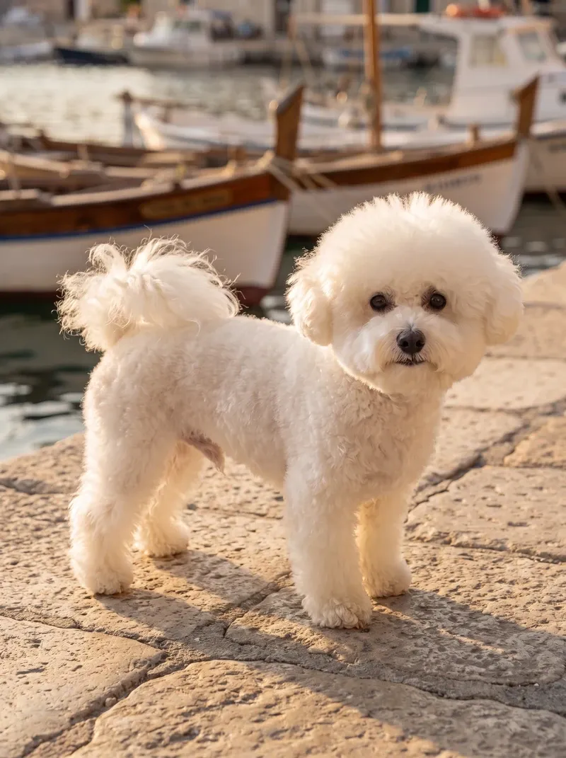 Bichon Frise, a white adult standing on a stone quay beside wooden fishing boats in a Mediterranean harbour
