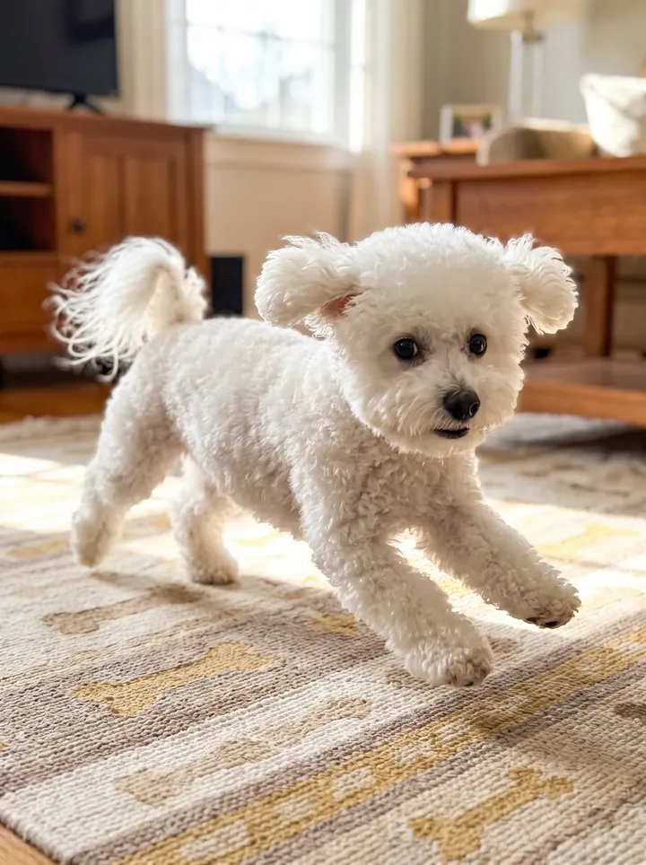 Bichon Frise, a white puppy mid-run across a woven living room rug