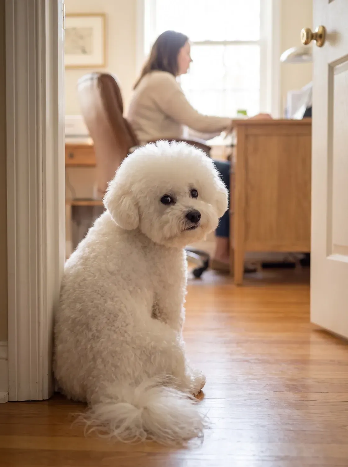 Bichon Frise, an adult sitting in a home office doorway, looking back at a pet parent at a desk