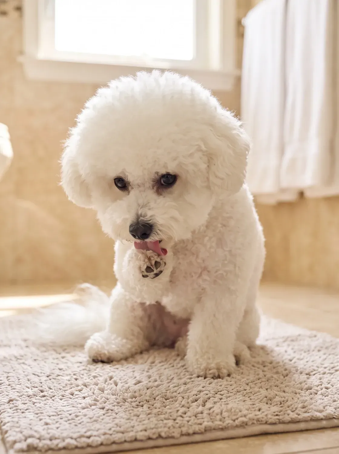 Bichon Frise, an adult sitting on a bath mat, licking a front paw