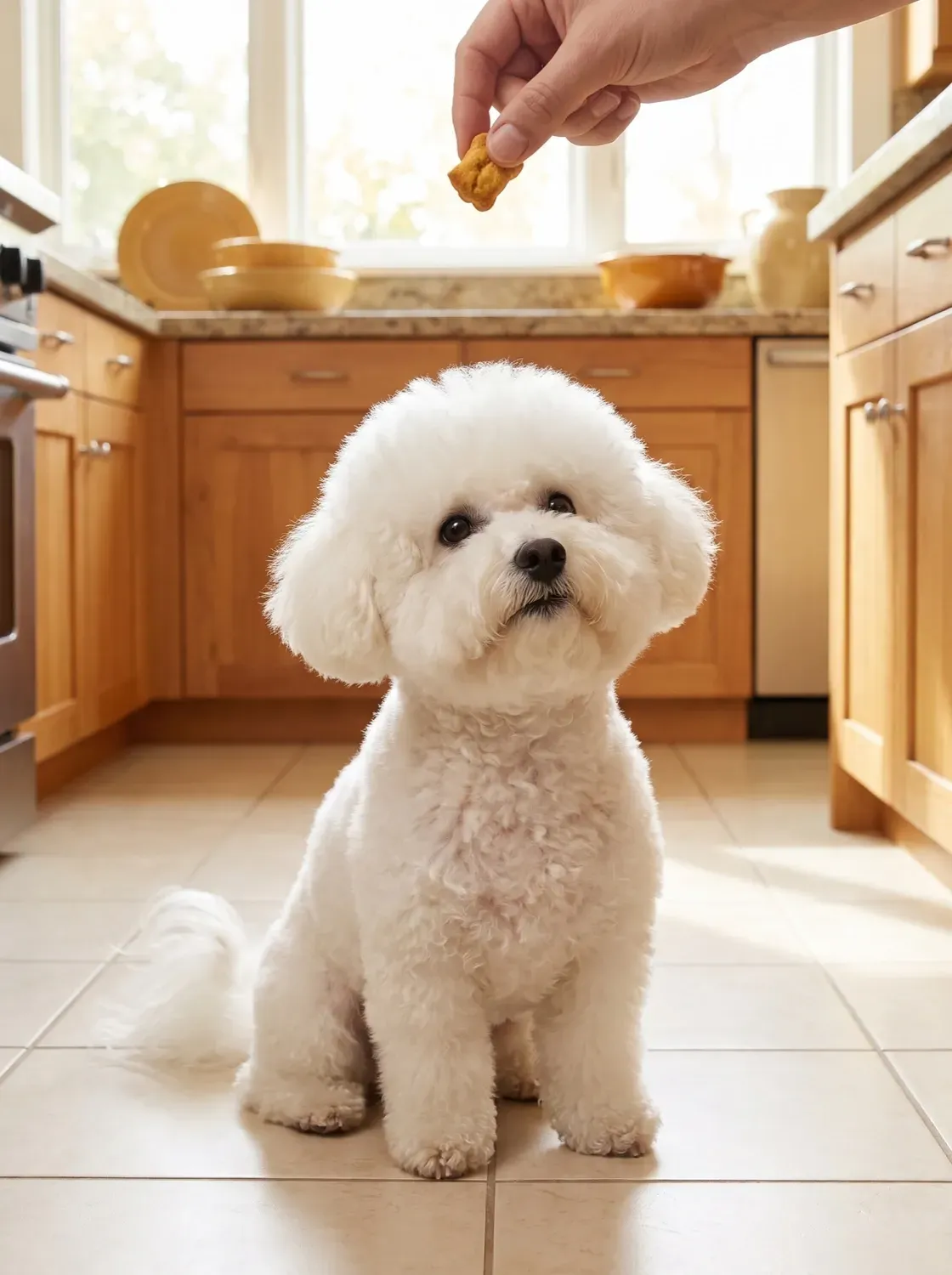 Bichon Frise, a white adult sitting neatly on a kitchen floor, watching a hand holding a treat